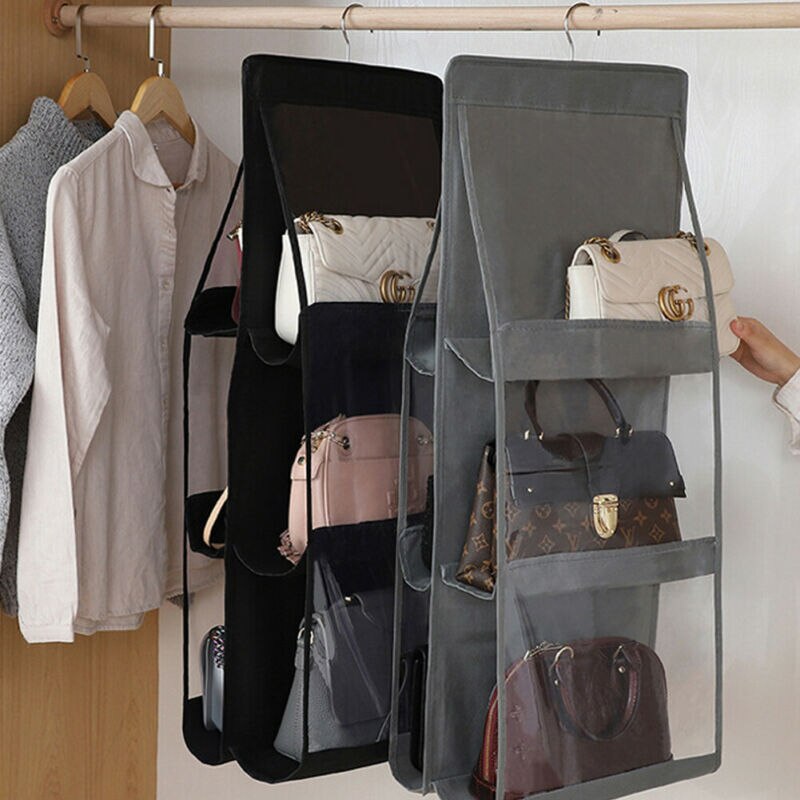 6 Pockets Clear Hanging Purse Handbag Tote Bag Storage Organizer