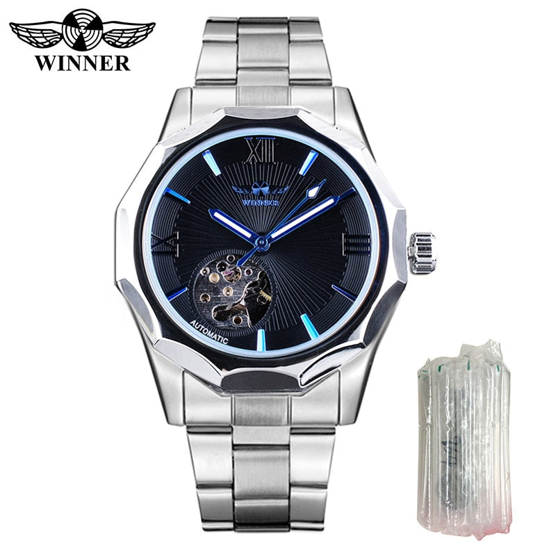 Winner Blue Ocean Geometry Design Transparent Skeleton Dial Mens Watch Top Brand Luxury Automatic Fashion Mechanical Watch Clock