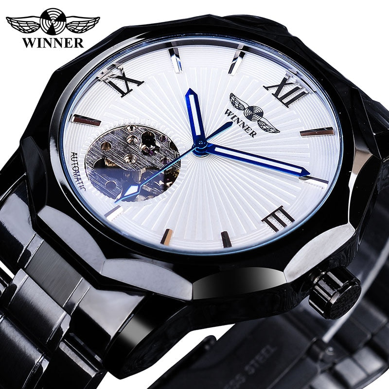 Winner Blue Ocean Geometry Design Transparent Skeleton Dial Mens Watch Top Brand Luxury Automatic Fashion Mechanical Watch Clock