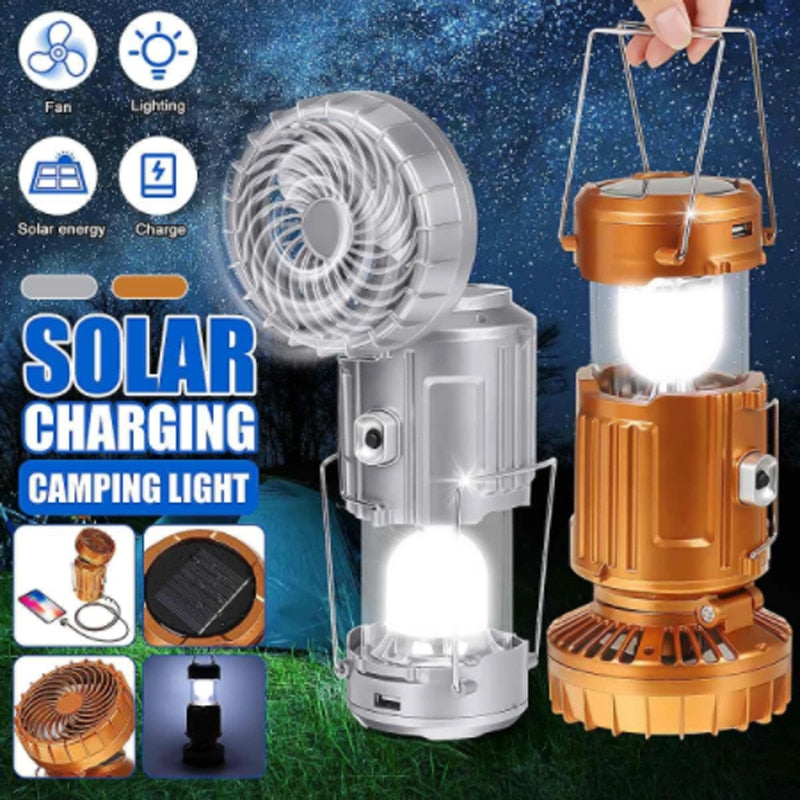 6 in 1 Multi-function Portable Outdoor LED Camping Lantern With Fan Energy Saving Light Solar Rechargeable Flashlight Dropship