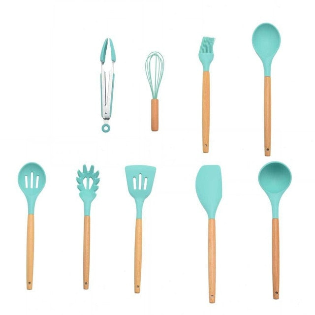 9/12/13pcs Cooking Wood+Silicone Kitchen Utensils Set Cookware Storage Box  Turner Tongs Spatula Spoon Whisk –